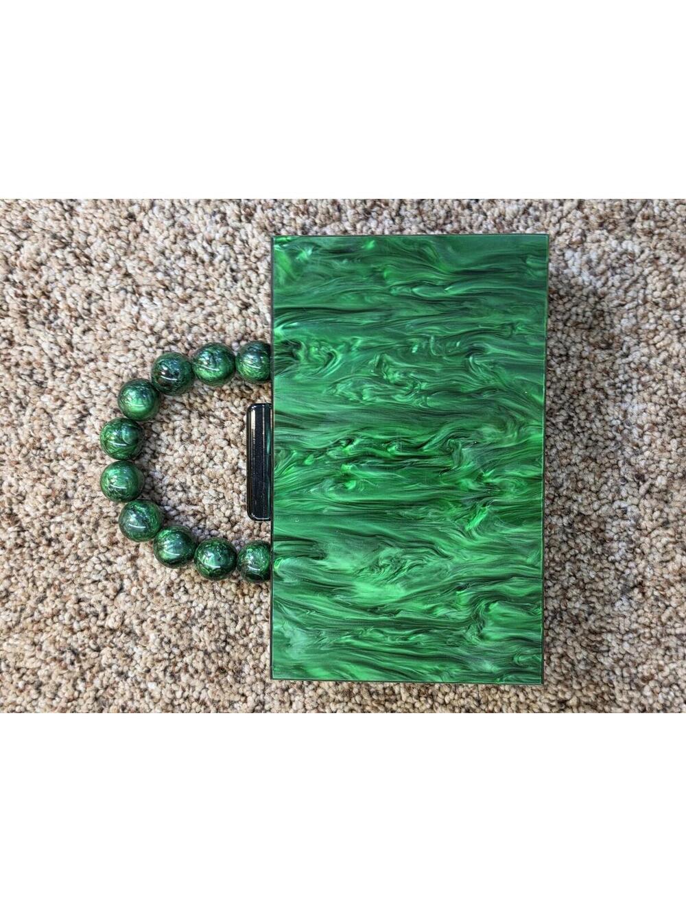 Trendy Green Acrylic Box Clutch with Beaded Handle - Picture 4 of 6